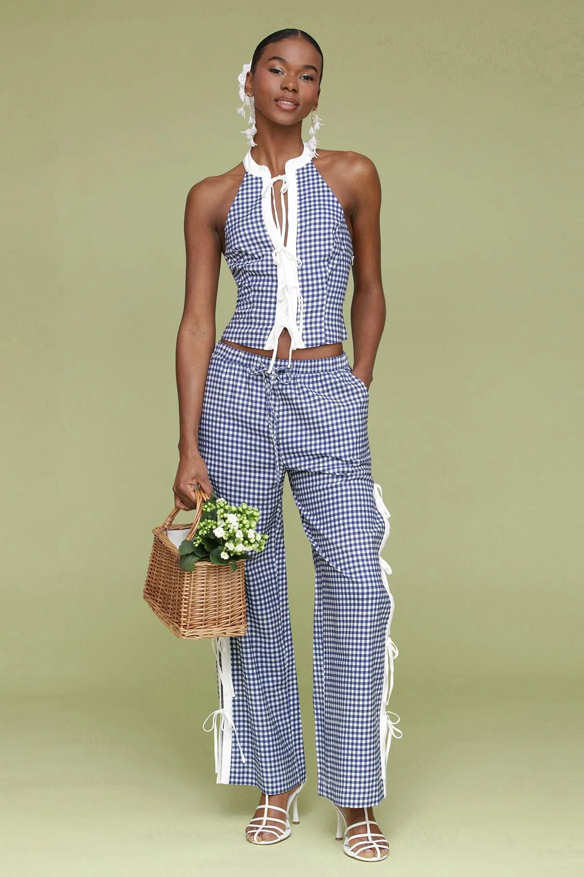 Gingham Ramie Blend Side Tie Pants