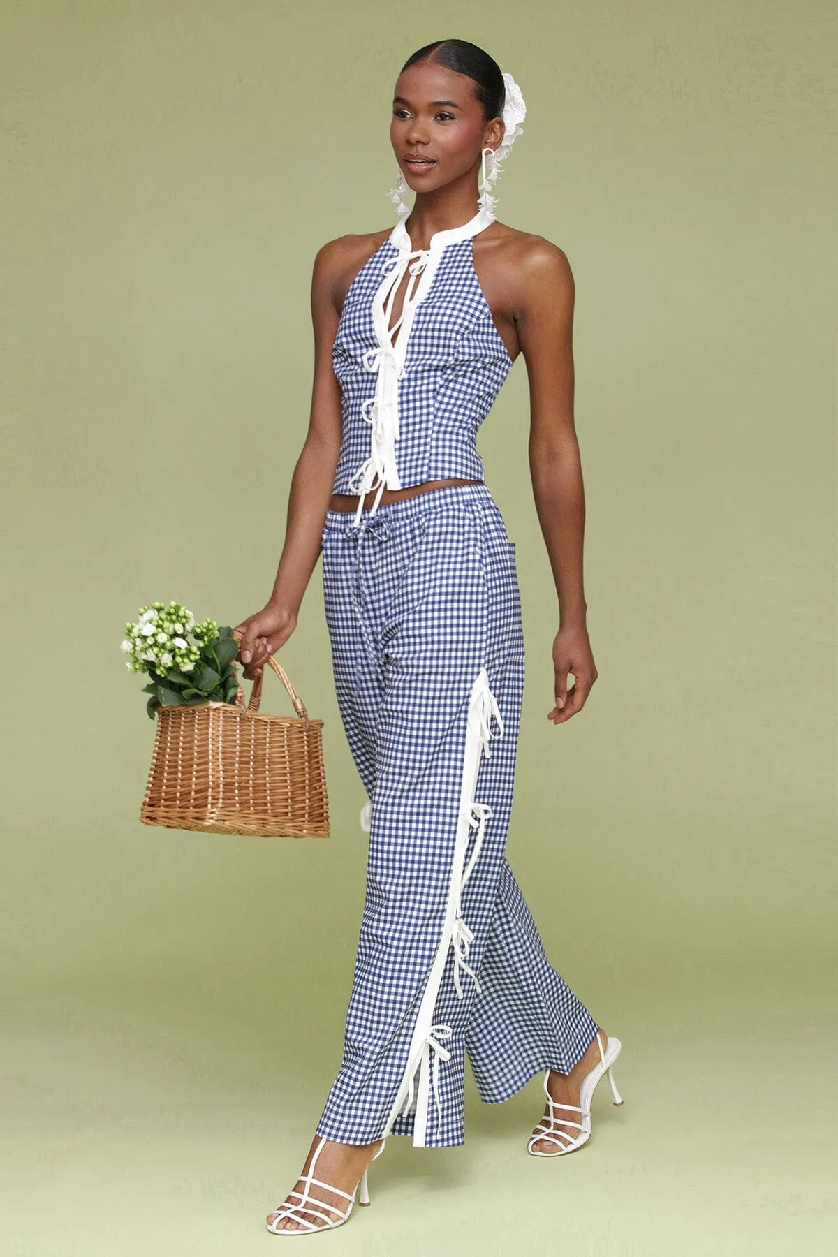 Gingham Ramie Blend Side Tie Pants