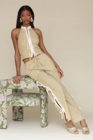 Gingham Ramie Blend Side Tie Pants