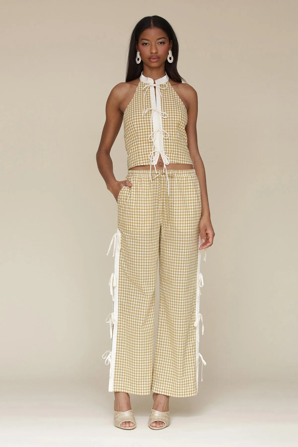 Gingham Ramie Blend Side Tie Pants