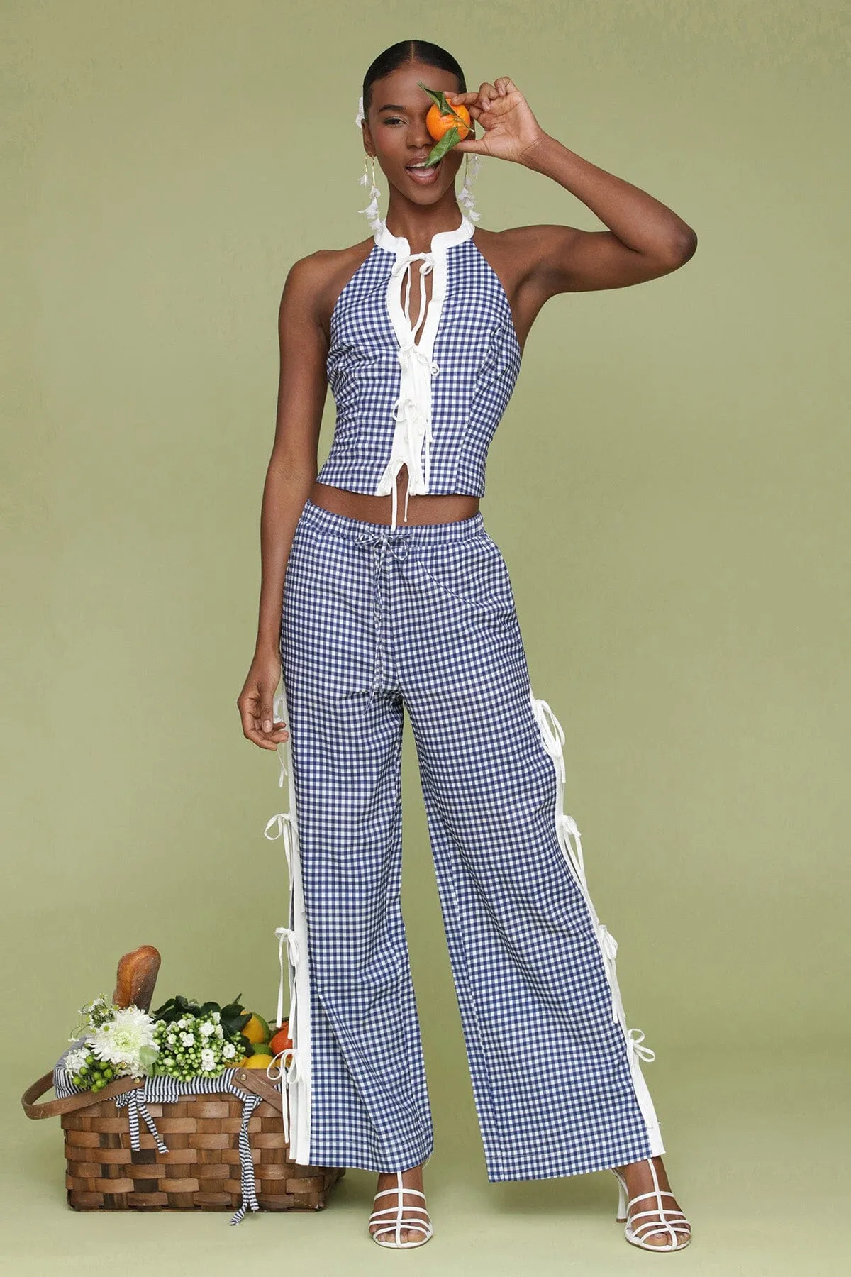 Gingham Ramie Blend Side Tie Pants