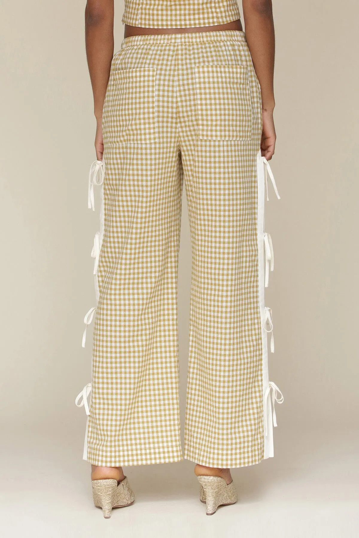 Gingham Ramie Blend Side Tie Pants