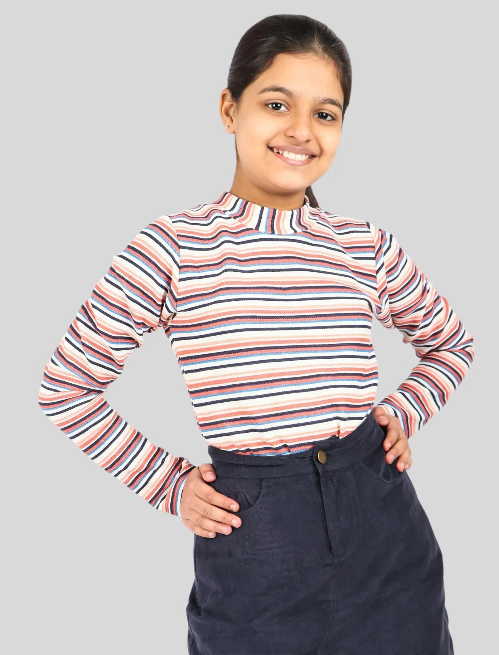 Girls Kids Multi Striped Full Sleeve Winter Top T-Shirt