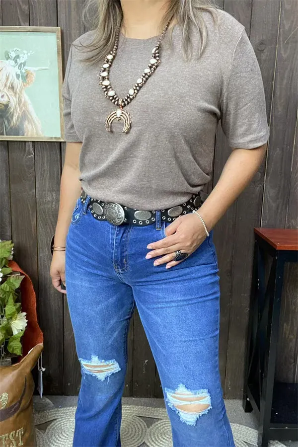 GJQ15568 Tan solid color short sleeve women tops