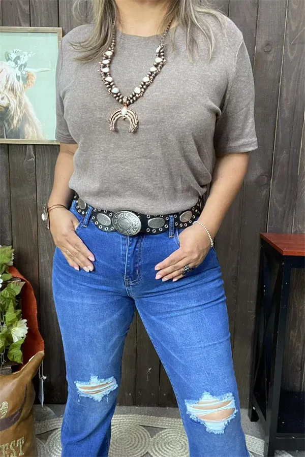GJQ15568 Tan solid color short sleeve women tops
