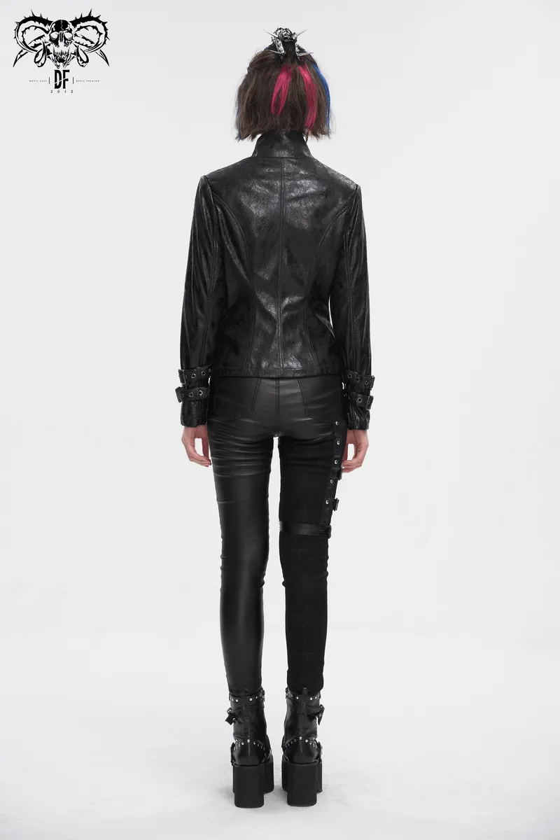 Gothic Punk Jacket with Double Buckle on Sleeves / Stand Collar Zipper Jackets