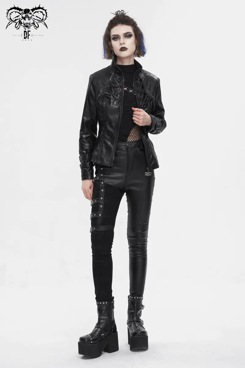 Gothic Punk Jacket with Double Buckle on Sleeves / Stand Collar Zipper Jackets