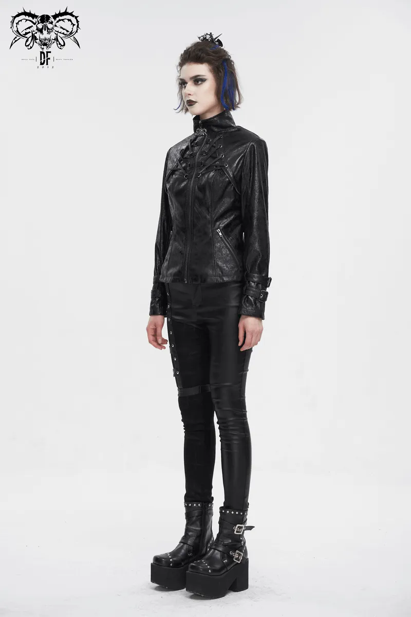 Gothic Punk Jacket with Double Buckle on Sleeves / Stand Collar Zipper Jackets