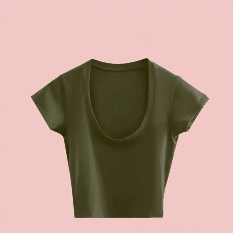 Gray U-Neck Basic Short Sleeve Tee for Women