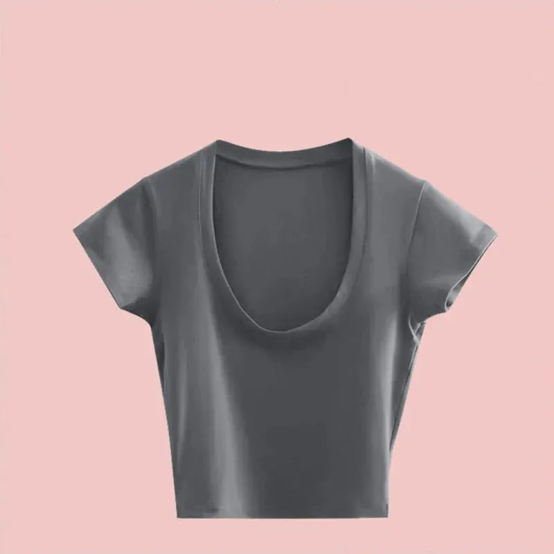 Gray U-Neck Basic Short Sleeve Tee for Women
