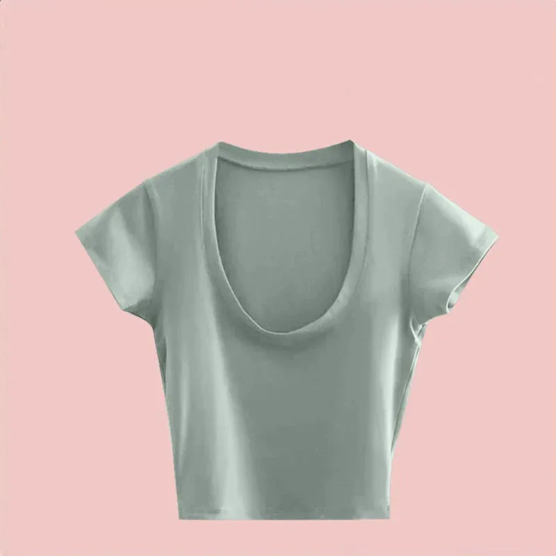 Gray U-Neck Basic Short Sleeve Tee for Women