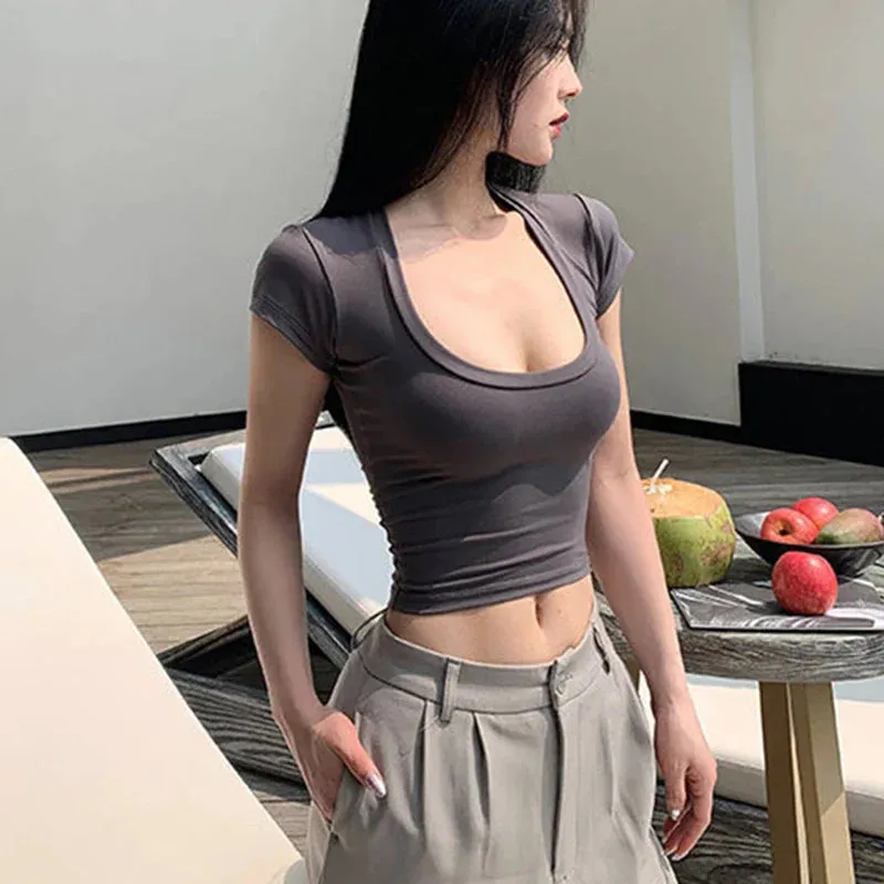 Gray U-Neck Basic Short Sleeve Tee for Women