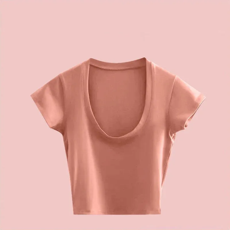 Gray U-Neck Basic Short Sleeve Tee for Women