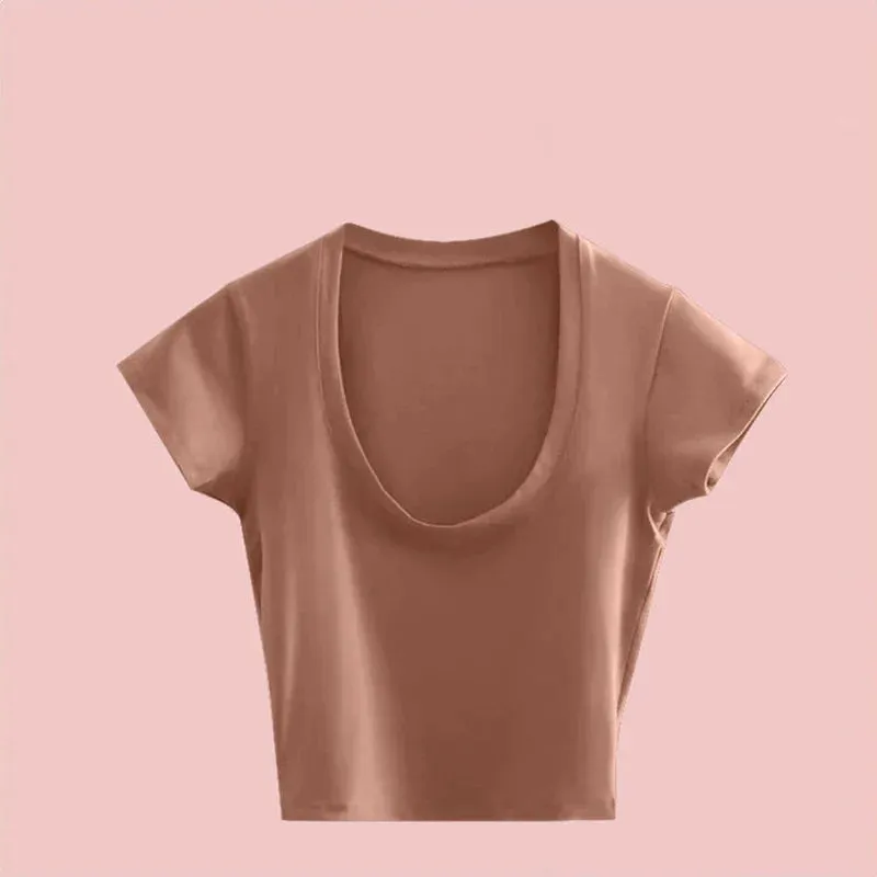 Gray U-Neck Basic Short Sleeve Tee for Women