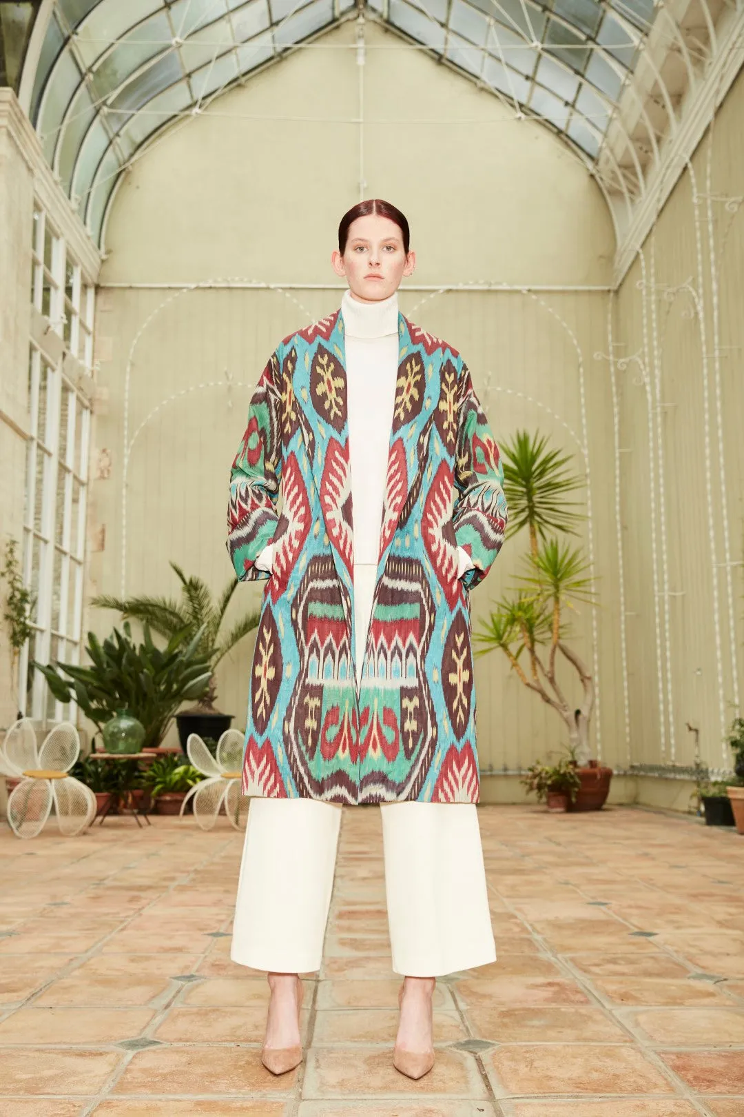 Handwoven Silk Ikat Shawl Coat - Feruza - 'Turquoise'