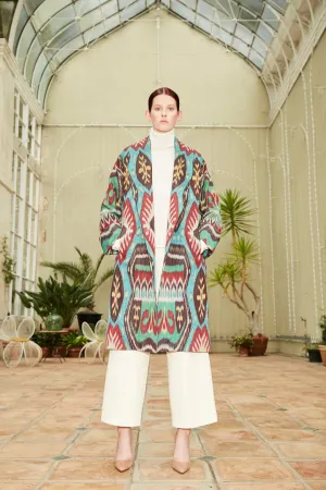 Handwoven Silk Ikat Shawl Coat - Feruza - 'Turquoise'