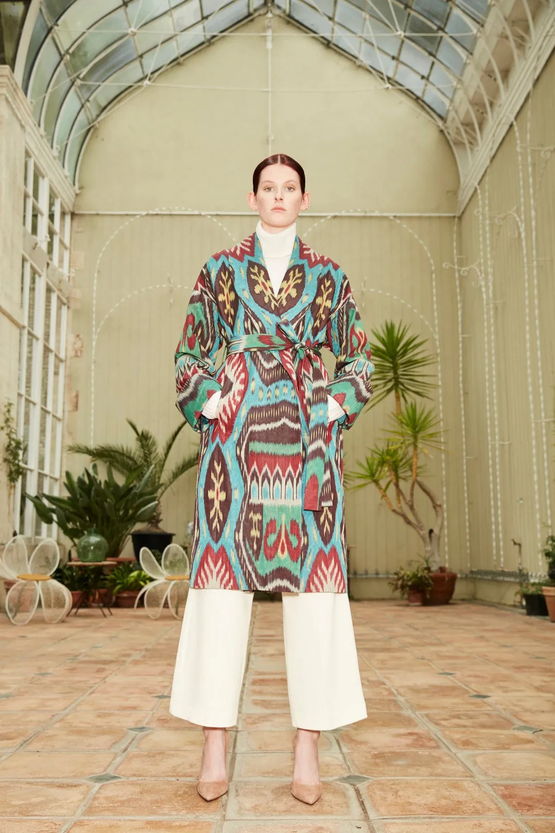 Handwoven Silk Ikat Shawl Coat - Feruza - 'Turquoise'