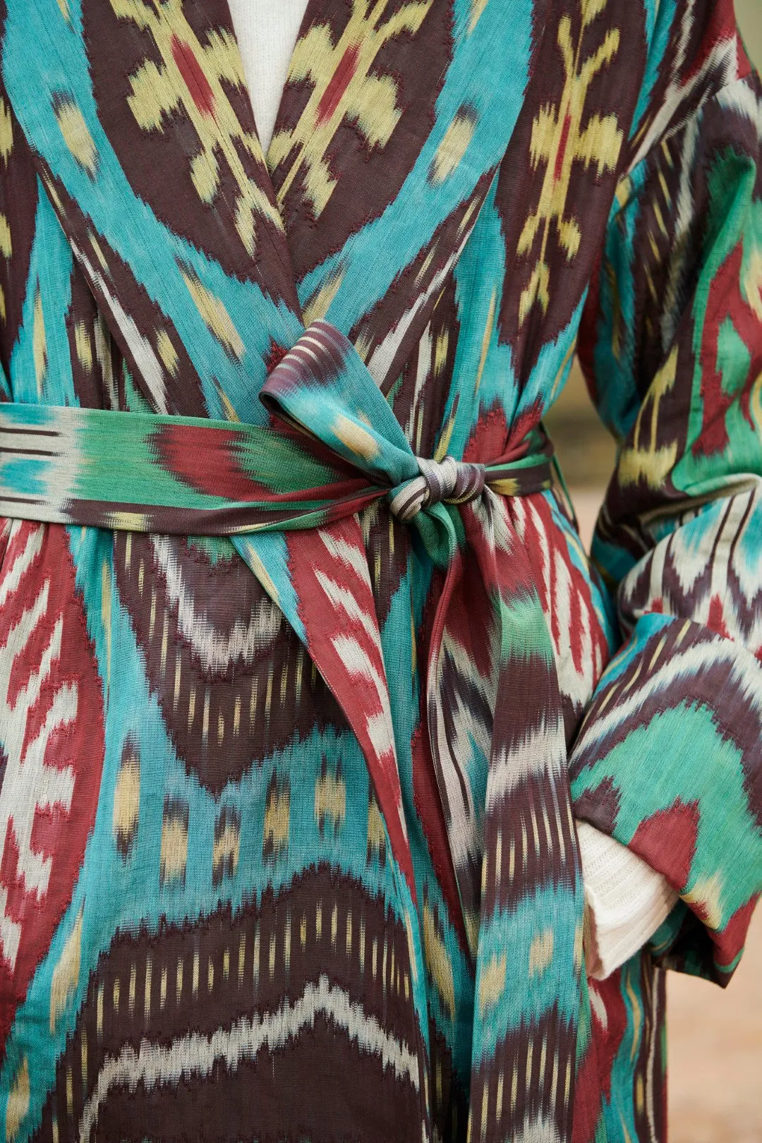 Handwoven Silk Ikat Shawl Coat - Feruza - 'Turquoise'