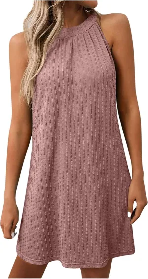 hlysgo Beach Dresses for Women Casual Loose Fit Sleeveless Halter Neck Mini Sundress 2025 Summer Short Going Out Dress