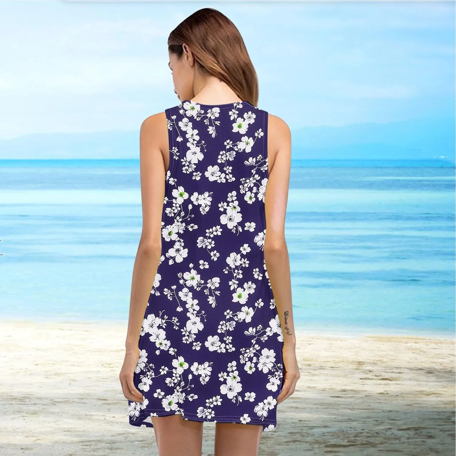 hlysgo Sundresses for Women 2025 Summer Sleeveless Beach Mini Dresses Trendy Floral Print Coverup Tank Dress with Pockets