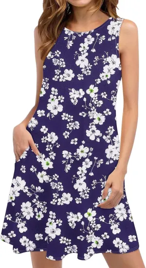 hlysgo Sundresses for Women 2025 Summer Sleeveless Beach Mini Dresses Trendy Floral Print Coverup Tank Dress with Pockets