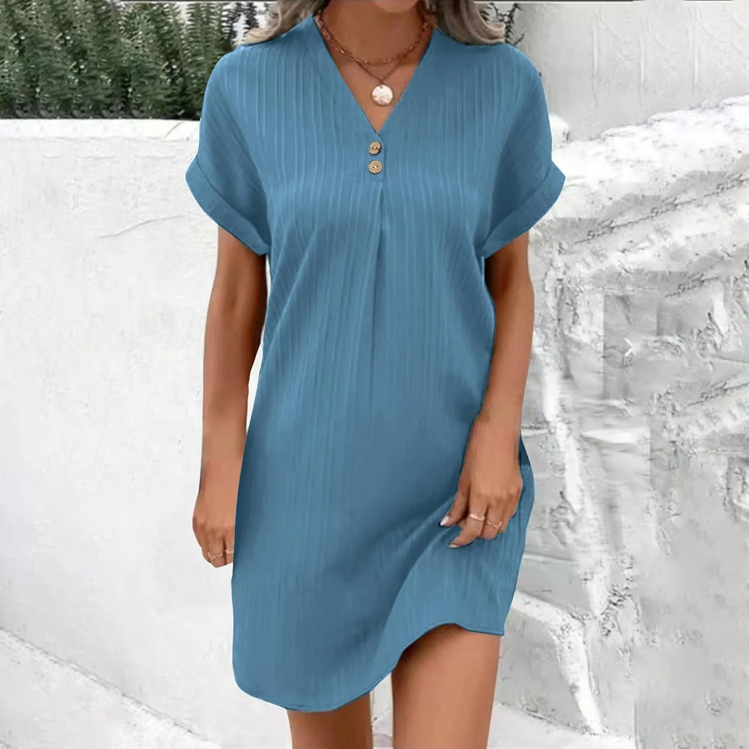 hlysgo Womens Mini Dress 2025 Summer Casual Loose Fit Short Sleeve V Neck Dress Trendy Pleated Going Out Dress for Ladies