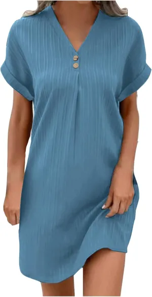 hlysgo Womens Mini Dress 2025 Summer Casual Loose Fit Short Sleeve V Neck Dress Trendy Pleated Going Out Dress for Ladies