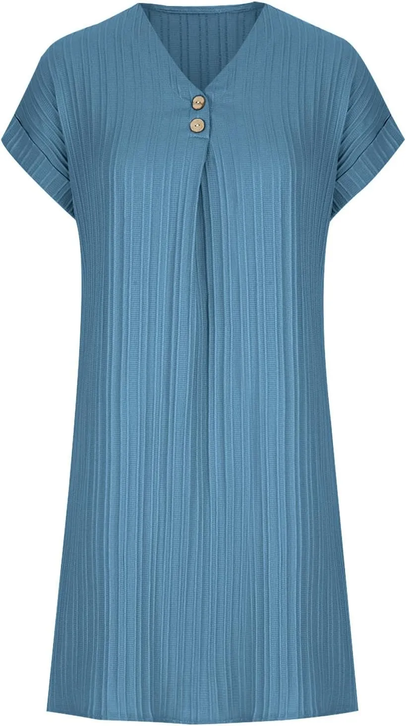 hlysgo Womens Mini Dress 2025 Summer Casual Loose Fit Short Sleeve V Neck Dress Trendy Pleated Going Out Dress for Ladies