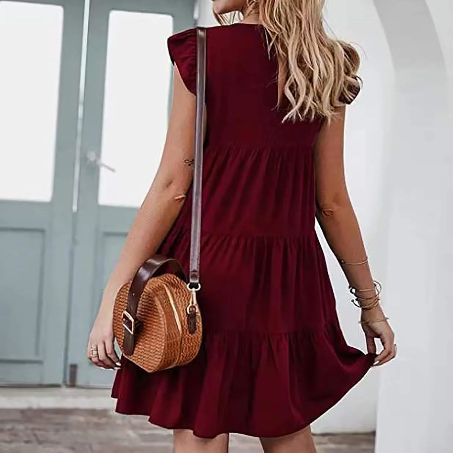 hlysgo Women's Summer Dresses Sleeveless Ruffle Sleeve Casual Solid Color Loose Short Flowy Pleated Mini Babydoll Dress