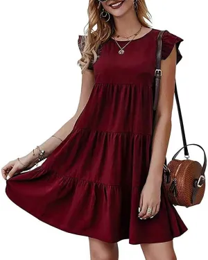 hlysgo Women's Summer Dresses Sleeveless Ruffle Sleeve Casual Solid Color Loose Short Flowy Pleated Mini Babydoll Dress