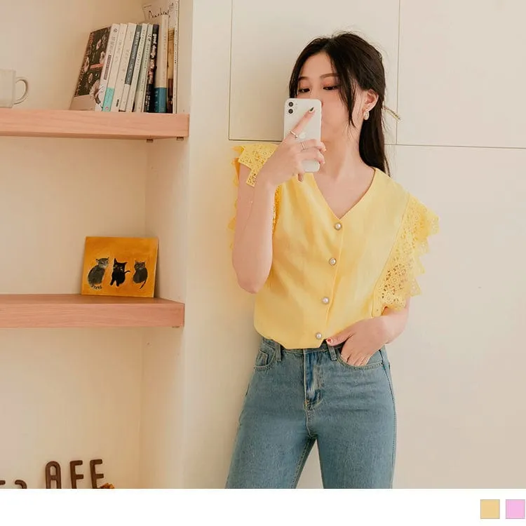 HOLLOW OUT LACE PATCHED PEARL BUTTON TOPS