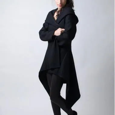 Hooded Irregular Long Sleeves Pure Color Wool Coat