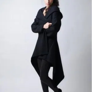 Hooded Irregular Long Sleeves Pure Color Wool Coat