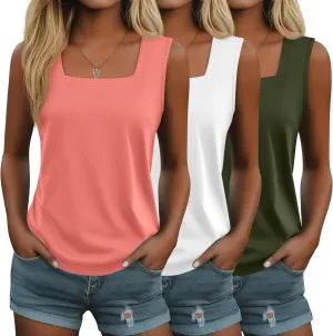 Huukeay 3 Pack Summer Women's Tank Tops Cotton Sleeveless Shirt Loose Fit Square Neck Tank Top with Side Slits