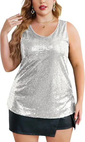 IN'VOLAND Women's Sequin Tops Plus Size Glitter Tank Top Sleeveless Sparkle Shimmer Shirt Tops
