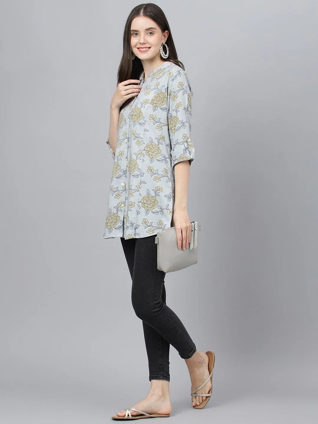 Jashvi Dusty Blue Floral printed Rayon A-line Shirts Style Top