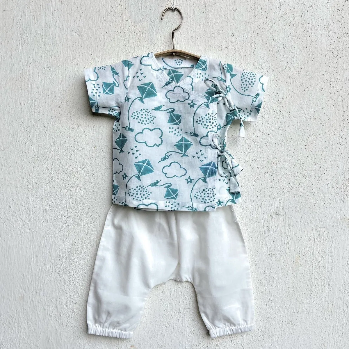 Kids Unisex Organic Cotton Patang Teal Angarakha Top and White Pants