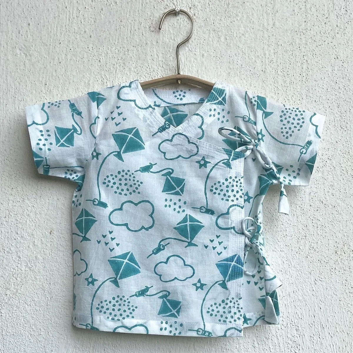 Kids Unisex Organic Cotton Patang Teal Angarakha Top and White Pants