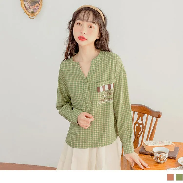 KITTY PRINTED CHECKED LONG SLEEVE V-NECK TOPS