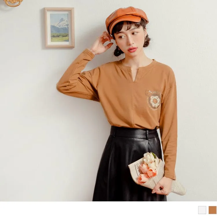 KITTY PRINTED DROP SHOULDER V-NECK LONG SLEEVE TOPS