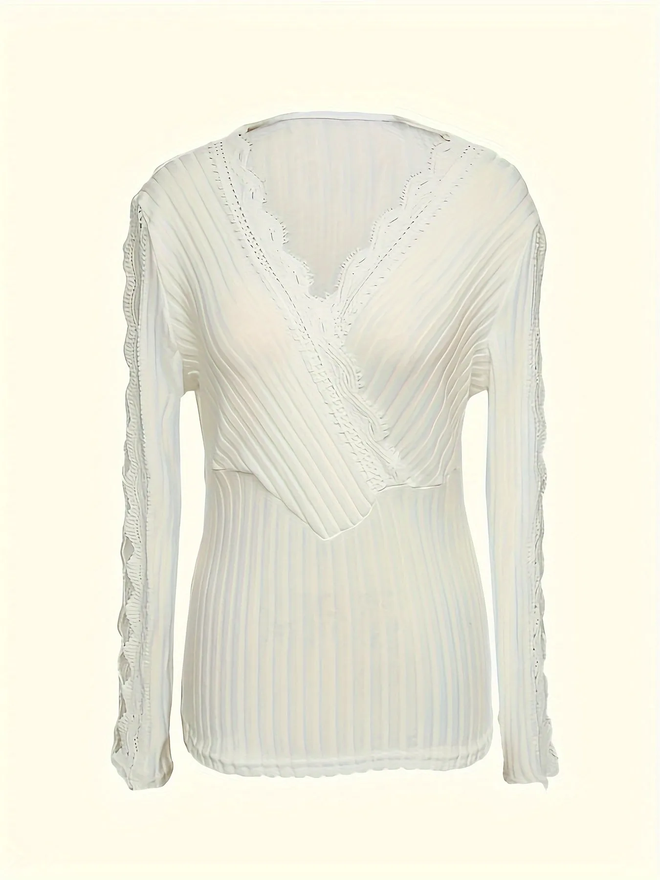 Lace Surplice Rib Knit Top, Long Sleeve, Casual for Spring/Fall.