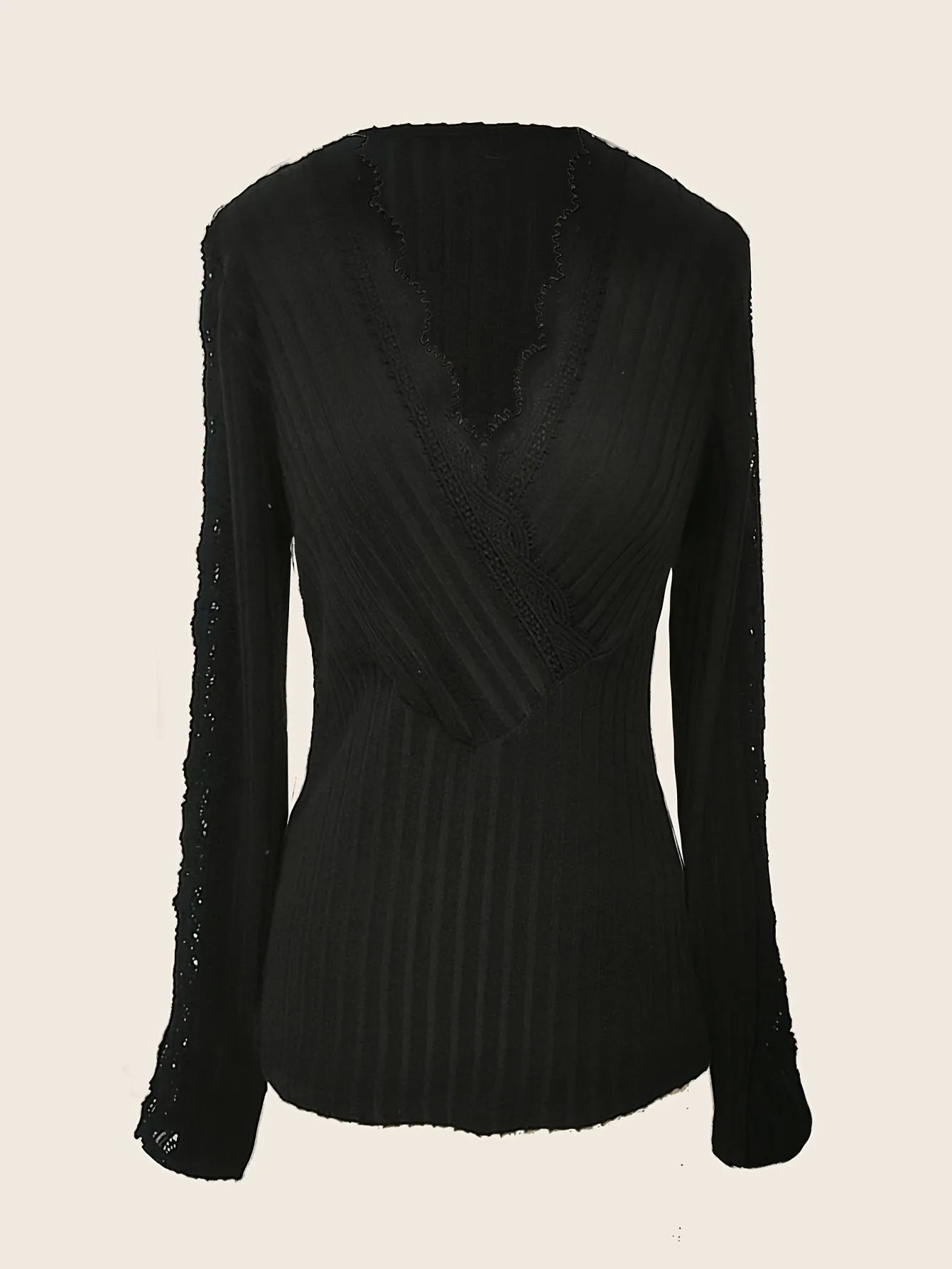 Lace Surplice Rib Knit Top, Long Sleeve, Casual for Spring/Fall.
