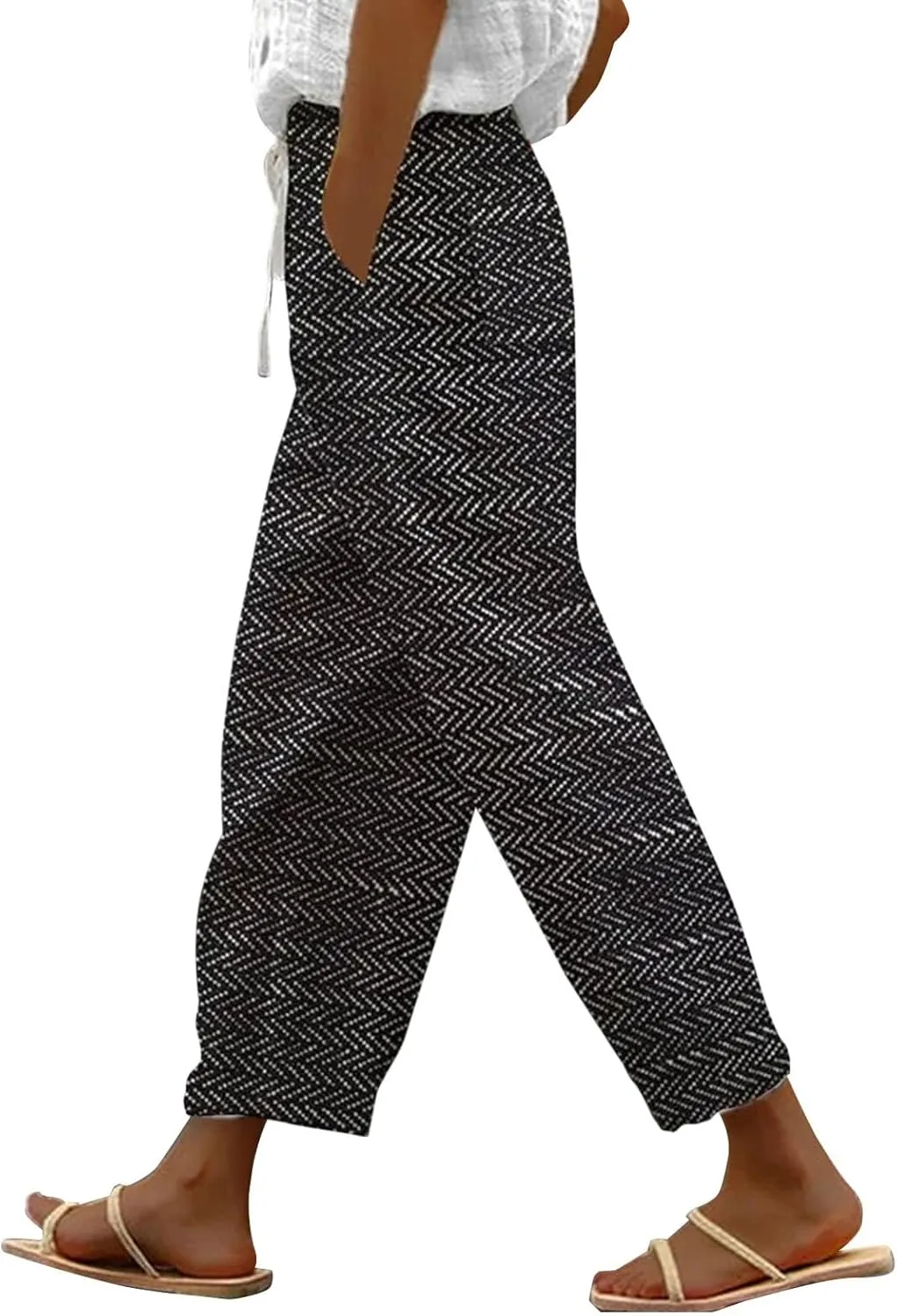 LCMTWX Wide Leg Linen Pants for Women Drawstring Pants with Pockets Wide Leg Cropped Pants for Women Capri Pants 2025 Pants