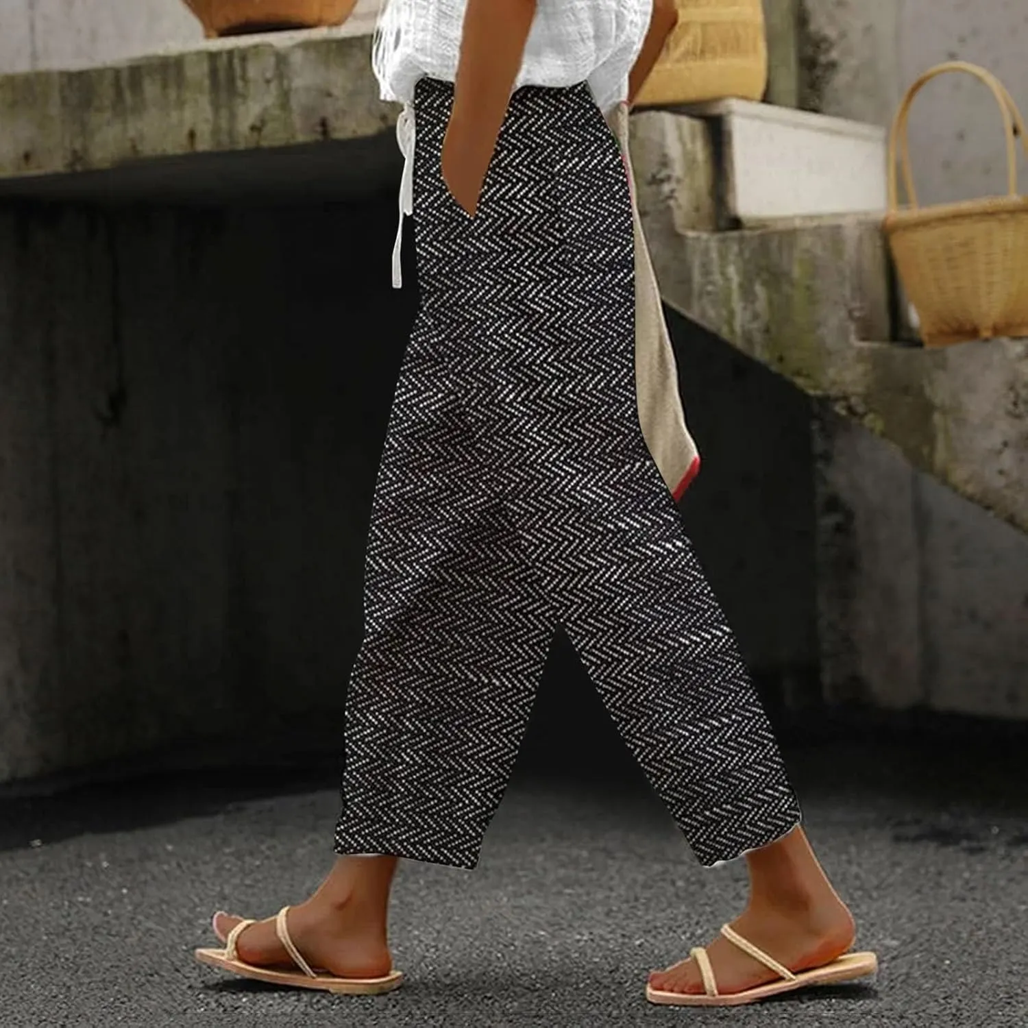 LCMTWX Wide Leg Linen Pants for Women Drawstring Pants with Pockets Wide Leg Cropped Pants for Women Capri Pants 2025 Pants