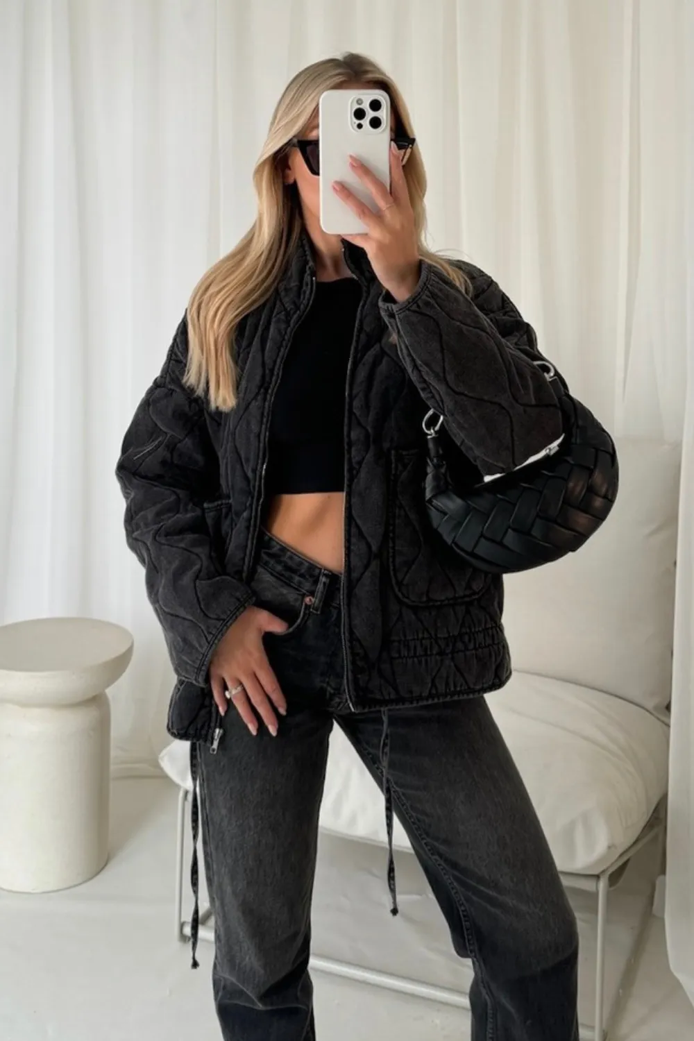 Leah dark grey quilted washed denim jacket