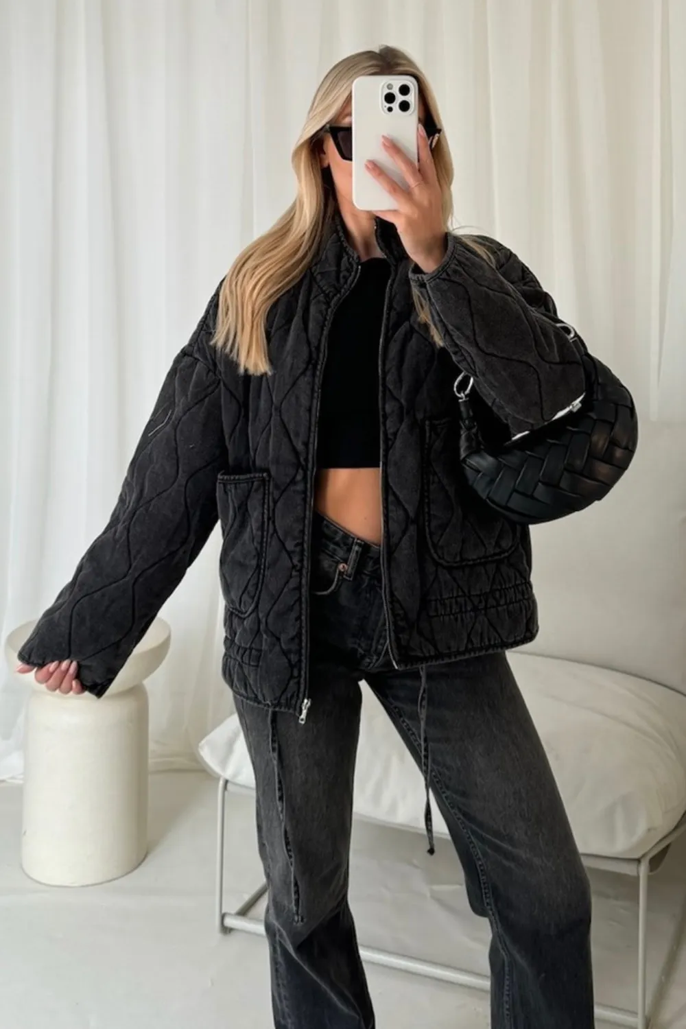 Leah dark grey quilted washed denim jacket