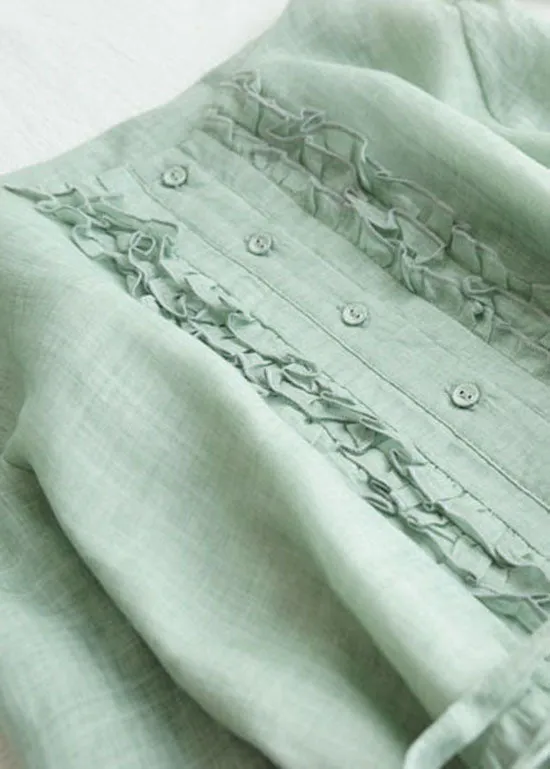 Light Green Patchwork Linen Dresses Ruffled Button Summer LY7206