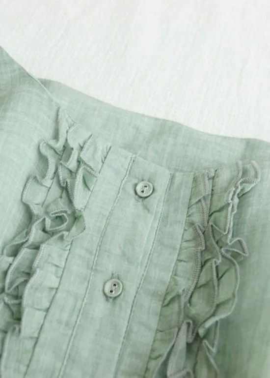 Light Green Patchwork Linen Dresses Ruffled Button Summer LY7206