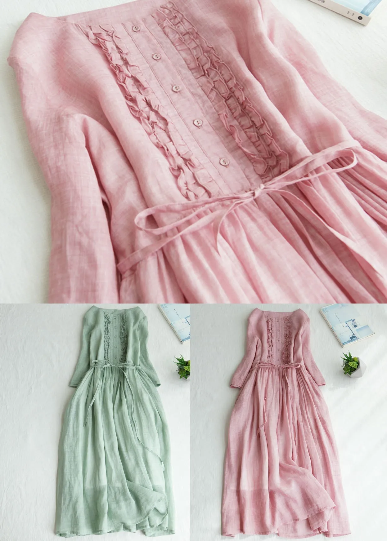 Light Green Patchwork Linen Dresses Ruffled Button Summer LY7206