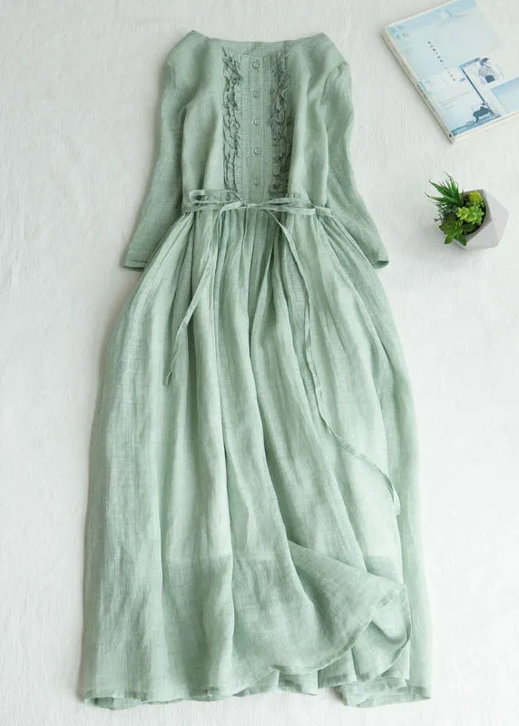 Light Green Patchwork Linen Dresses Ruffled Button Summer LY7206